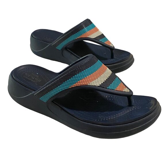 Crocs Platform Flip Flops Womens Size 6 Navy Blue Colorful Stripes Beachy Boho - Picture 2 of 5